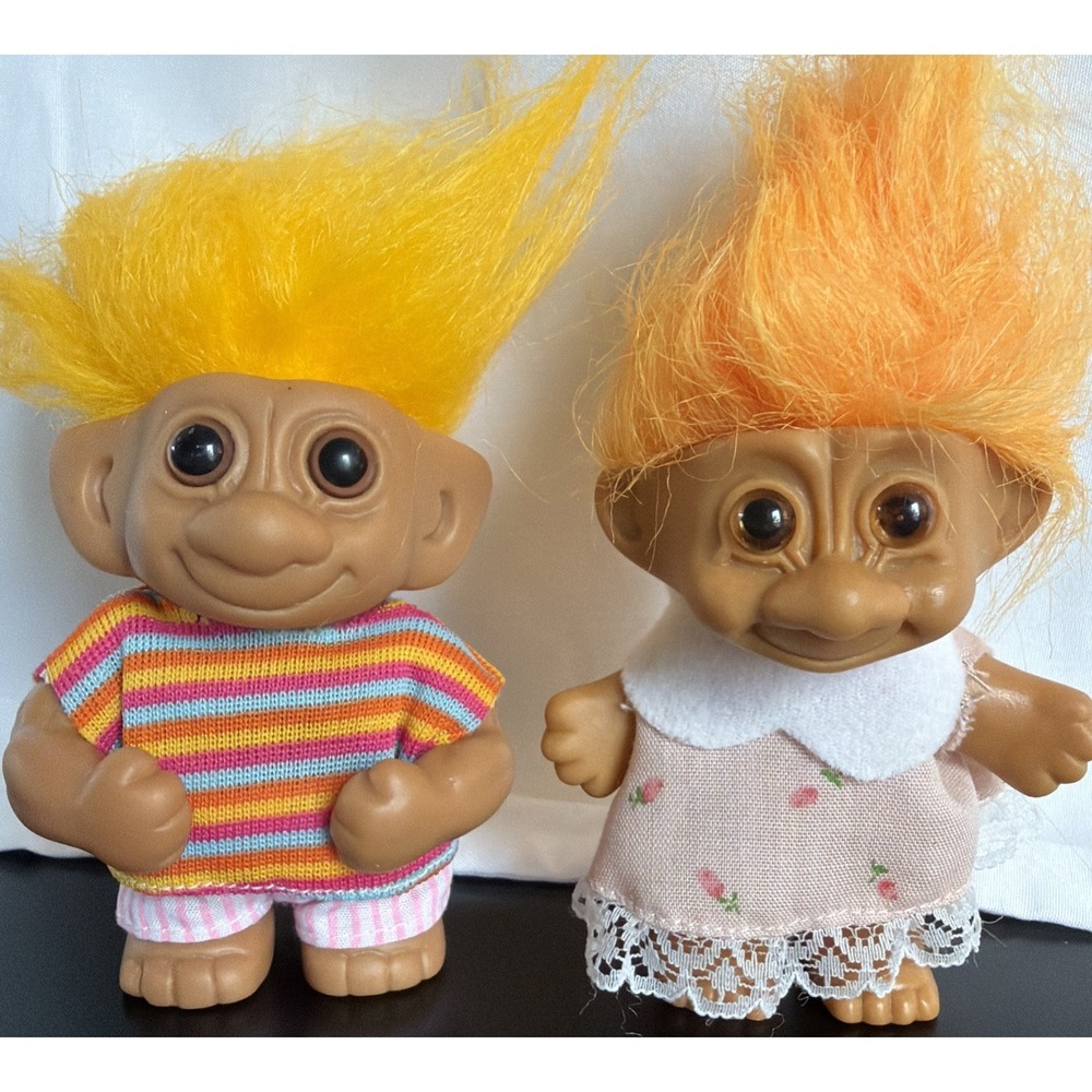 Vintage Russ Berrie U.D. Co Troll Doll Lot 1992 Yellow Orange Hair 3 Inch 2pc